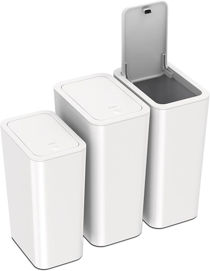 N. NETDOT 3 Pack (2 of 4 Gal &amp 1 of 2.6 Gal) Small Trash Can with LidBathroom Garbage Can with Pop-Up LidWaste Basket for BathroomKitchenBedroomPowder RoomCraft RoomOfficeCollege (Off Whit