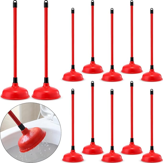 12 Pack Toilet Plungers Bulk with 19.7 Inch Long Handle Force Suction Cup Rubber Plunger for Bathroom to Fix Clogged Toilets Drains (Red)