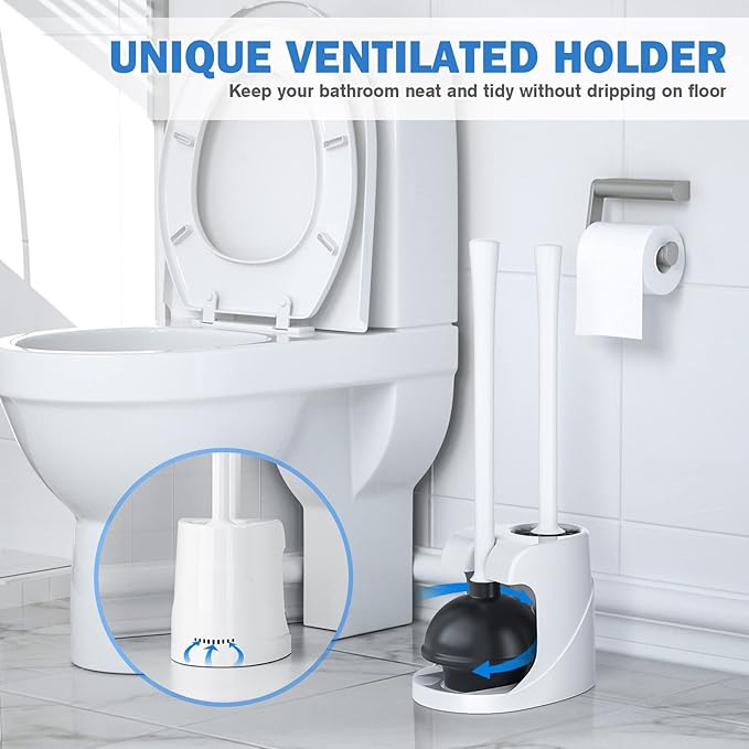 Toilet Plunger and Brush Bowl Brush and Heavy Duty Toilet Plunger Set with Ventilated Holder 2-in-1 Bathroom Cleaning Combo with Modern Caddy Stand for 5.7-inch Toilet Drain(White 2 Set)