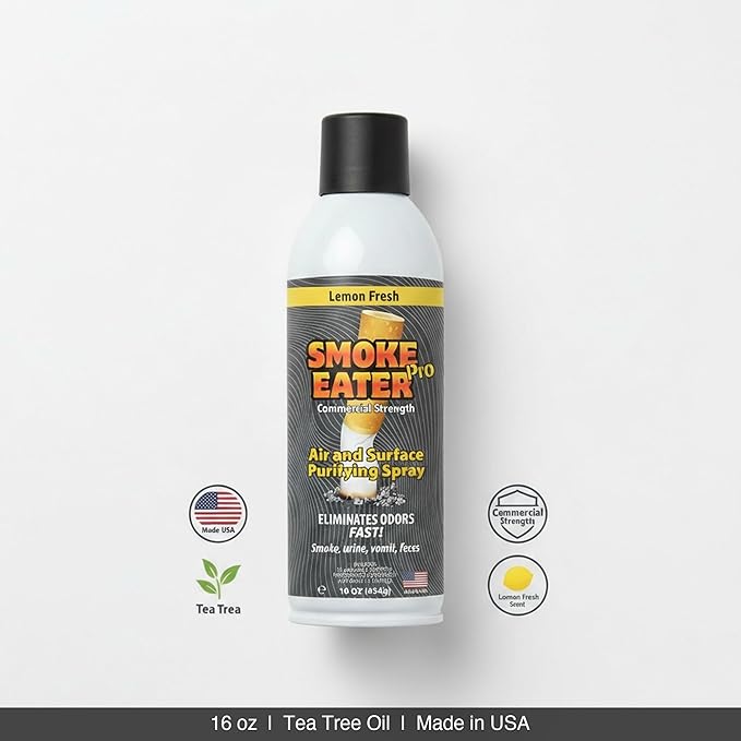 Smoke Eater Pro 16 oz Odor Eliminator Spray — Commercial Strength for Smoke Pet Urine and Cooking Odors — Air and Fabric Deodorizer with Tea Tree Oil — Made in USA (Lemon Fresh)