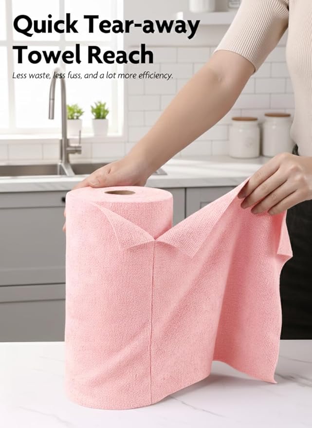 Fantasticlean Microfiber Cleaning Cloth Roll -60 Pack Tear Away Microfiber Towels 12 x 12 Reusable Washable Lint Free Ultra Absorbent Dishcloth for All-Around Cleaning (Pink &amp Grey)