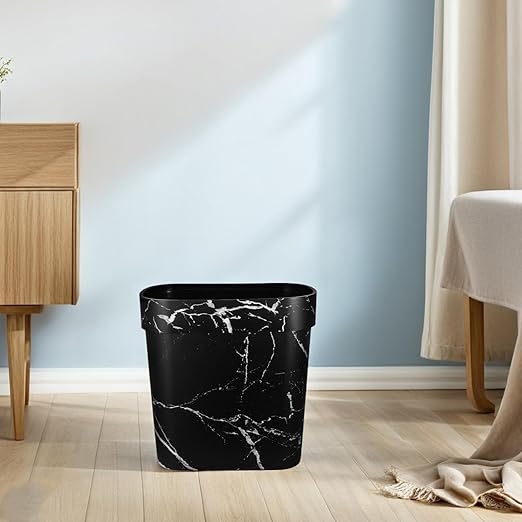 VALICLUD Oval Marble Pattern Plastic Wastebasket Open Top Trash Bin with Innovative Ring for Secure Bag Placement for Bathroom Kitchen and Office Use Easy