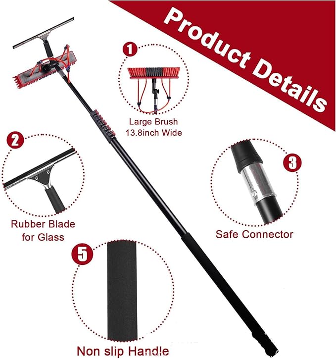 2 in 1 Water Fed Pole Kit for Outdoor Window Cleaning Efficient Scrubber Brush &amp Hose Spray Washer 3.6m Solar Panel Cleaning Equipment Perfect for Glass &amp Solar Panels 5.4 M