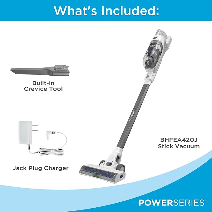 BLACK+DECKER POWERSERIES 16V MAX Stick Vacuum Cordless Rechargeable with LED LightsPortable Vacuum Cordless Lightweight Anti-Tangle Self-Standing Multi-Surface White (BHFEA420J)