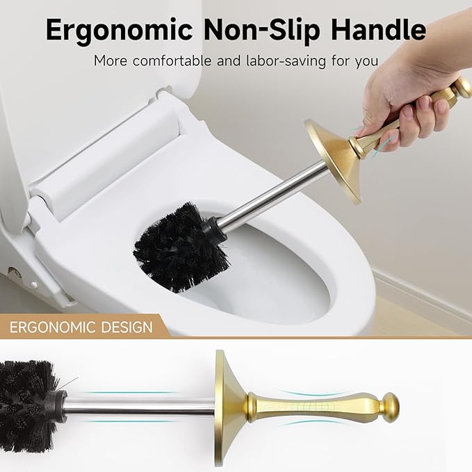 Gold Toilet Brush and HolderExtra Long Handled Toilet Brush for BathroomStainless Steel Heavy Duty Toilet Bowl BrushDeep Cleaning Modern Toilet Cleaner Brush -Space Saving Covered Brush Durable