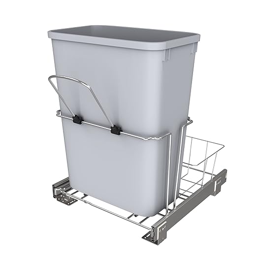 Rev-A-Shelf 32 Qt Pullout Kitchen Cabinet Metal Wire Sliding Universal Trash Can with Rear Basket for Waste Disposal and Organization RUKD-1432RB-1