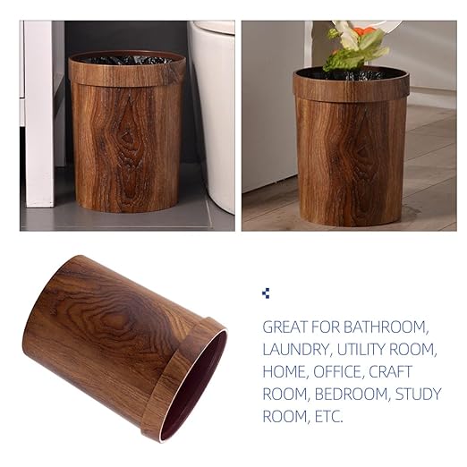 Wakauto Wood Grain Trash Can 14L Plastic Garbage Container with Press Ring Lid for Hotel Rooms Office and Living Room Wastebasket