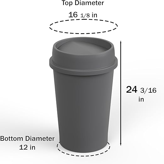 11 Gallon Gray Round Waste Basket with Swing-Top Lid | 44 Qt Trash Can