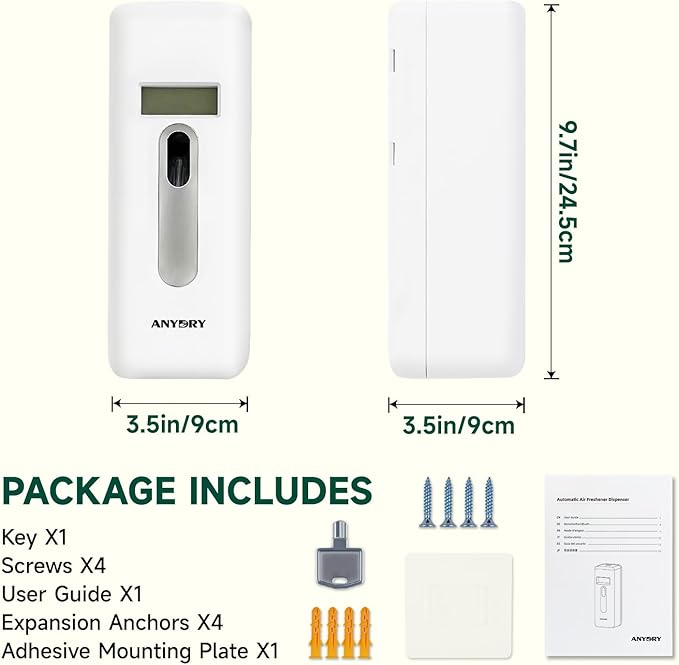 Automatic LCD Air Freshener Dispenser Wall Mount or Free Standing Programmable Spray for Bathroom Home Office Hotel Commercial Use Compatible with Glade Refills White