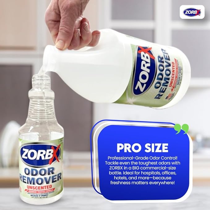 ZORBX Unscented Odor Eliminator for Strong Odor 64 oz - Used in Hospitals &amp Healthcare Facilities - Advanced Trusted Formula Fast-Acting Odor Remover Spray for Dog Cat House &amp Carpet