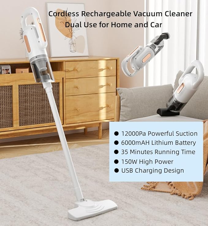 Cordless Rechargeable Stick Vacuum Cleaner 12000pa Suction Powerful Handheld Vacuum Upright Vacuum Cleaners with HEPA Filter Lightweight Household Vacuum for Pet Hair Hardwood Floors Carpets