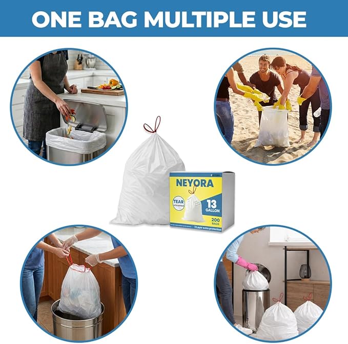 13 Gallon Trash Bags -200 Count White Trash Holders -23''×27'' Unscented Trash Bags with Drawstrings