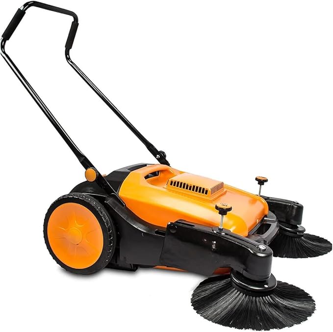 RT980S 38 Outdoor and Indoor Manual Push Floor Sweeper with Triple Brushes 12-gal Waste Container 38000 Square Feet per Hour Walk-Behind Industrial and Commercial Floor Sweeper