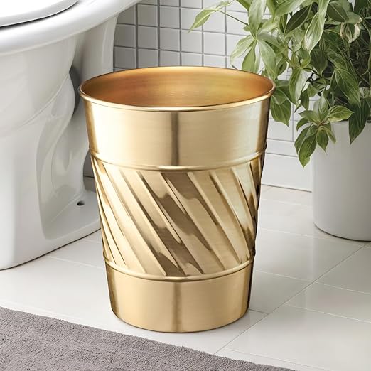 Monarch Abode Metal Bathroom Trash Can – Waste Basket for Bedroom Office Desk &amp Dorm Handcrafted Wave Embossed Durable Decorative Brushed Gold Small Trash Can Bathroom Garbage Bin Wastebasket