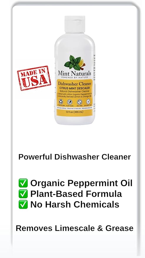 Natural Dishwasher Cleaner &amp Degreaser Liquid – USDA Organic Peppermint Oil Formula That Helps Remove Limescale Grease &amp Odor 12 oz – Made in USA by Mint Naturals