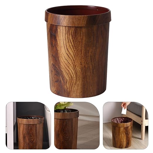 Wakauto Wood Grain Trash Can 14L Plastic Garbage Container with Press Ring Lid for Hotel Rooms Office and Living Room Wastebasket