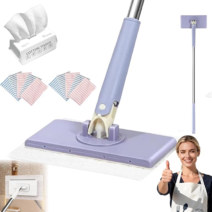28/36in No Wash Lazy Mop Wet and Dry Snap Grip Mini Mop Zero Touch Mini Mops Convenient Automatic Cloths Changing Mops 360° Dust Mop with Reusable Cloths for Home (Purple*1+Cloth*10 36in)