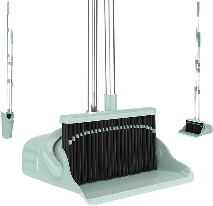 Broom and Dustpan Set – Heavy-Duty Broom and Dustpan for Home Cleaning Tool Dustpan and Broom with Handle Outdoor Broom and Dustpan Set • Your Home Essentials (Green)