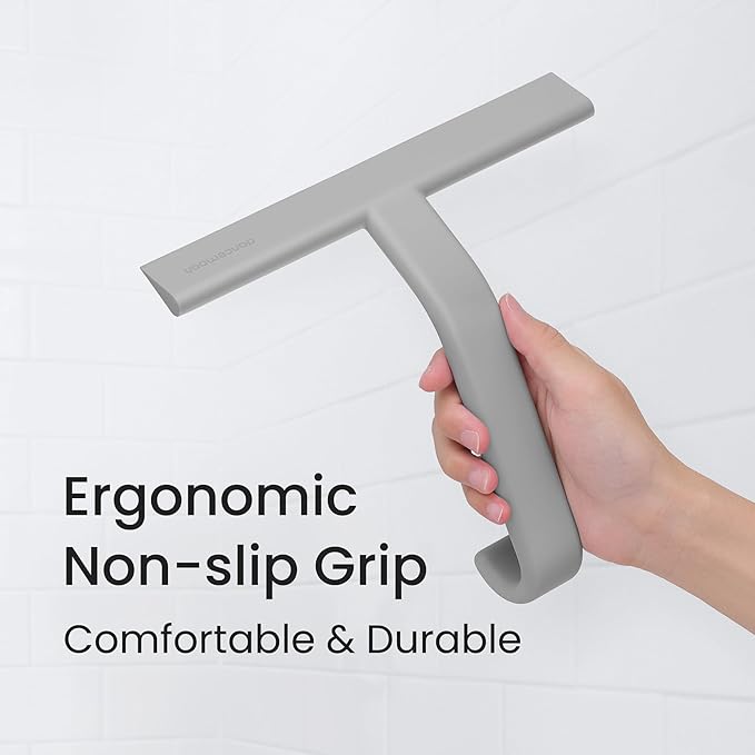 dancemoon JustHang Shower Squeegee for Glass Doors All-in-One Piece Silicone Squeegee with Built-in Hook for Bathroom Window Mirror Tile Wall Car Streak-Free Bathroom Cleaner Tool10 Inch Gray