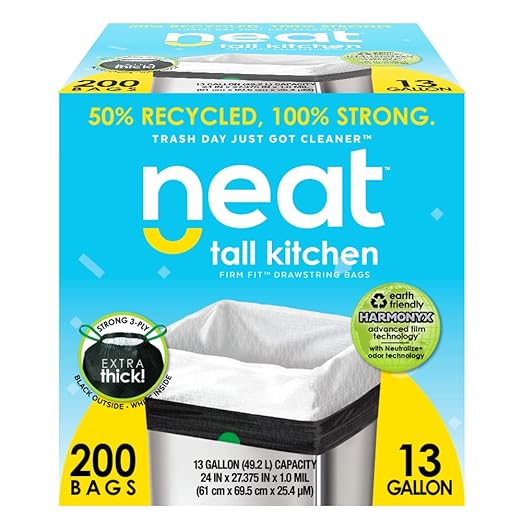 Neat Tall Kitchen 13 Gallon Drawstring Trash Bags - (MEGA 200 Count) - Triple Ply Fortified Eco-Friendly 50% Recycled Material Neutralize+ Odor Technology Reversible Black and White Garbage Bags