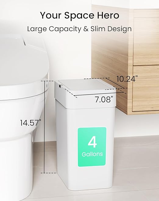 Cesun Bathroom Trash Can with Lid 4 Gallon Motion Sensor Garbage Can Automatic Touchless Trash Cans Slim Plastic Smart Waste Basket for Bedroom Office Living Room White