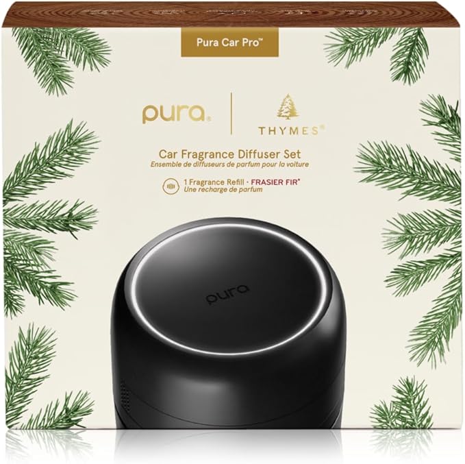 Thymes Frasier Fir Pura Car Diffuser – Pura Car Air Freshener with Refill – Frasier Fir Diffuser Refill with Notes of Crisp Siberian Fir Needles Cedarwood &amp Sandalwood