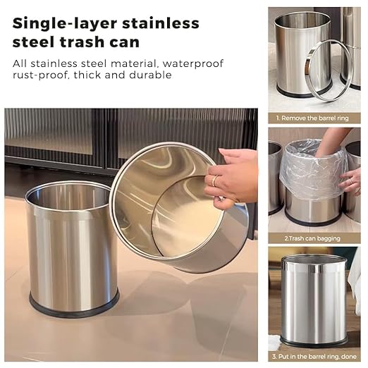 2.6Gallon/10LStainless Steel Bathroom Trash CanChrome Trash CanSilver Garbage Can for OfficeWastebasket for HotelOfficeStoreMetal Trash bin Without lid (Silver)