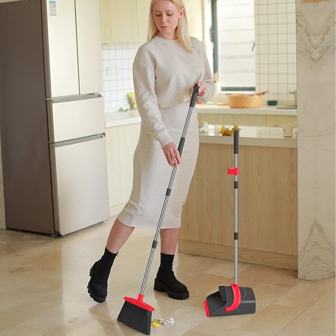 Broom and Dustpan SetBroom with Dustpan Combo Set Dust pan with Long Handle for Home Kitchen Room Office Lobby Floor Use Upright Stand Up(Gray&ampRed)