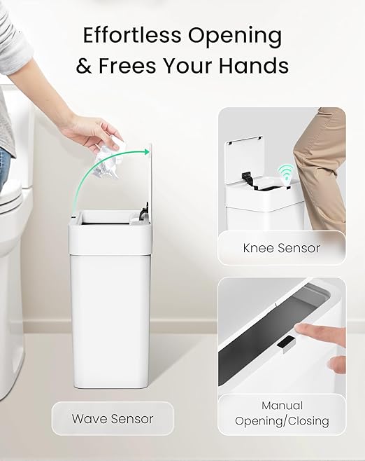 Cesun Bathroom Trash Can with Lid 4 Gallon Motion Sensor Garbage Can Automatic Touchless Trash Cans Slim Plastic Smart Waste Basket for Bedroom Office Living Room White