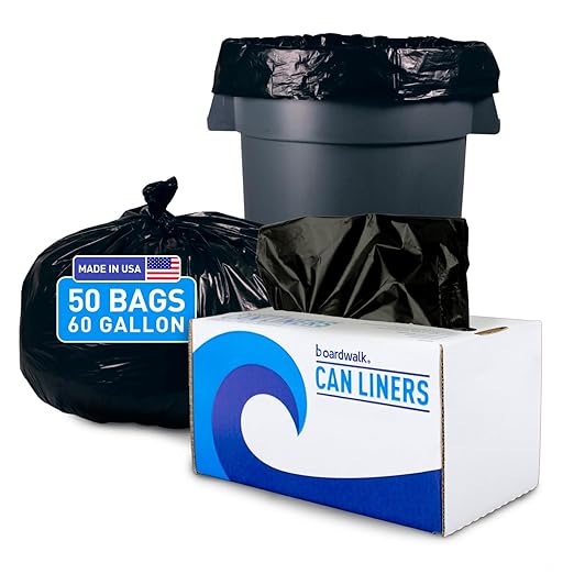 Boardwalk Recycled Resin Black Can Liners for Garbage Cans | 60 Gallon Waste Capacity | 1.2 mil 38x58 Inch Heavy Duty Trash Bags with Star-Sealed Bottom Design | Coreless 50-Bag Roll