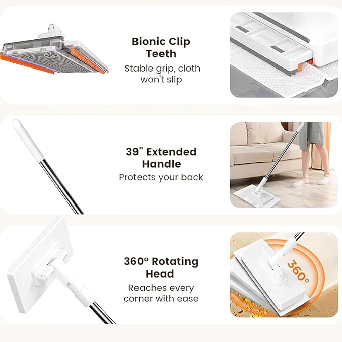 28/36in No Wash Lazy Mop Wet and Dry Snap Grip Mini Mop Zero Touch Mini Mops Convenient Automatic Cloth Changing Mops 360° Disposable Dust Mop with 5 Reusable Cloths for Home (Mix*2 28in)