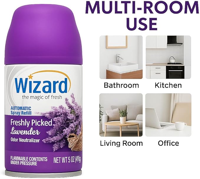 Wizard Automatic Spray Refill – Freshly Picked Lavender 5 oz (12 Pack) | Compatible with Air Wick Freshmatic &amp Glade Dispensers | Long Lasting Odor Neutralizer for Home &amp Office