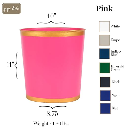 Jaye's Studio Mattie Oval Waste Basket for Bathroom Decorative Gold Trim &amp Finish Hand-Painted Handcrafted Metal Wastebasket Garbage Bin &amp Trash Bin for Bedroom Office 12 x 10 x 8 (Pi
