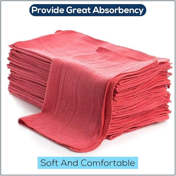 Simpli-Magic Cotton Shop Towels 14x12 (90 Pack) – Reusable Cleaning Shop Rags for Automobiles Industries Garage and Homes (Red)
