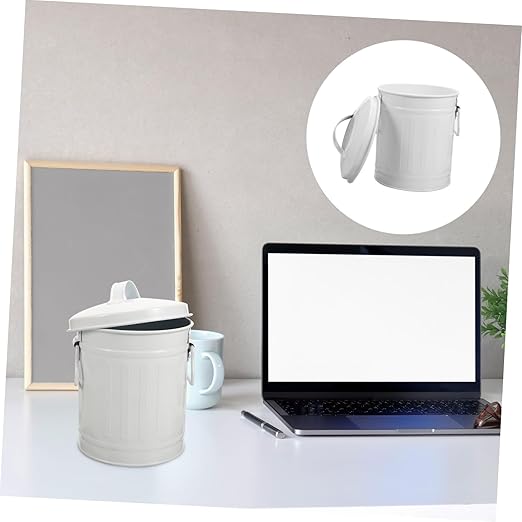 VILLCASE Sturdy Iron Metal Trash Bin Small Desk Waste Container Lid Office Wastebasket for Home