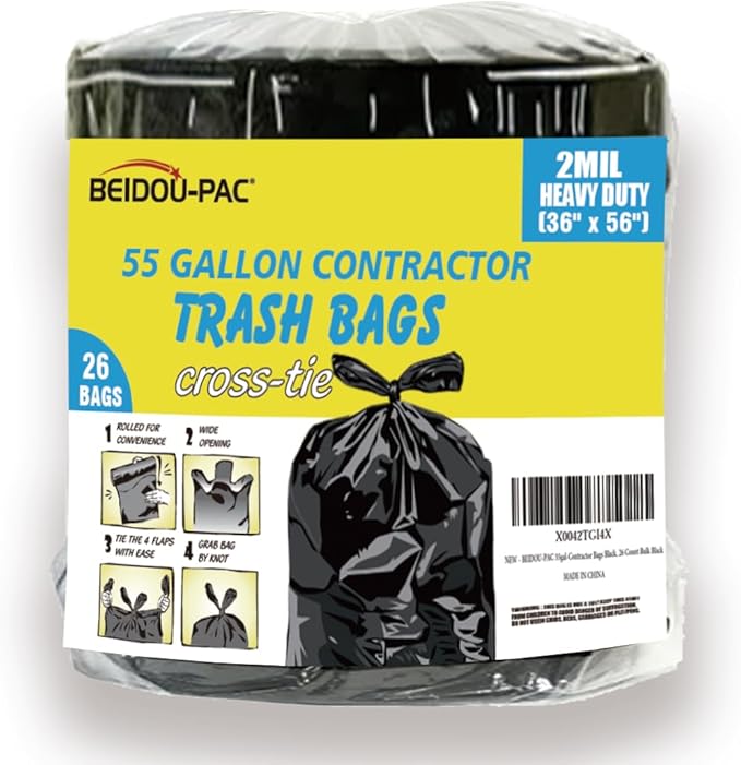 Contractor Heavy Duty Trash Bags 55 Gallon | 26 Count | 2 MIL | 36 X 56 | Large Black Flap Tie Construction Garbage Bags for Business Home Commercial Industrial Storage Outdoor