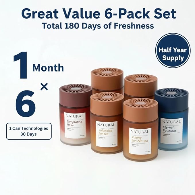 Solid Fragrance Balm 6-Pack – Odor Eliminator for Car &amp Home – Fresh Scent for Room Pet Bathroom Kitchen &amp New Home – Rose/Jade Tea/Eternal Fountain (2 Each)