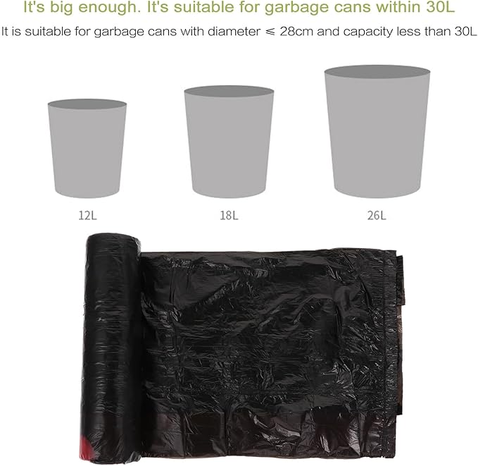 HANABASS 10 Packs 150pcs Black Plastic Rubbish Bags with Drawstring Household Waste Organizer Trash Bags for Kitchen and Bathroom Use