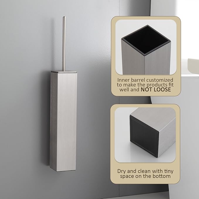 Toilet Brush and Holder Wall Mounted Brushed Nickel Aluminum with 2 Replaceable Heads Bathroom Toilet Brush Drill or 3M Adhesive Mount for Bathroom