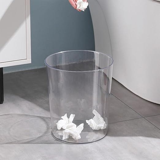 Clear Trash Can Space Saving Large Capacity Plastic Wastebasket Multipurpose Stylish Simple Round Shape Waste Basket for Bathroom Kitchen Bedroom Office (L)