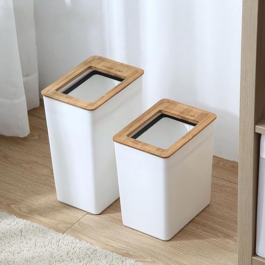 BESPORTBLE Large Wastebasket with Wooden Lid Kitchen Trash Bin with Built-in Press Ring Ash Bin for Home and Bathroom Storage Practical Waste Container Size L