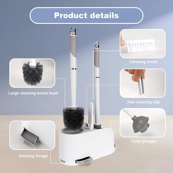 Toilet Brush and Plunger Set 4 in 1 Toilet Brush and Holder with Crevice Cleaning Brush and Clip Deep Cleaning Wall Mounted Home Bathroom Cleaning Tool Combo （Gray 1）