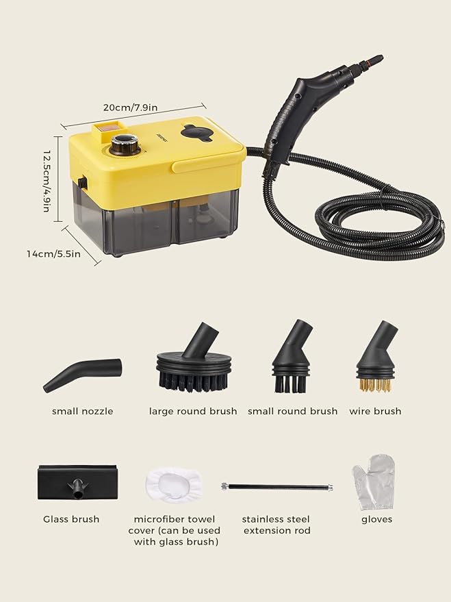 Handheld Steam Cleaner 2500W High Pressure Power Steamer with Multiple Attachments Portable Steam Cleaner for Kitchen Bathroom Upholstery &amp Curtains Chemical-Free (Yellow Black)