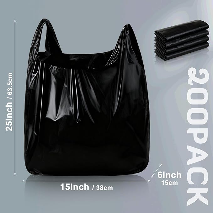 200 Pack 25'' x 15'' x 6'' Extra Large Black Plastic Shopping Bags(0.6 Mil Thick) Reusable Heavy Duty Large T-shirt Grocery Bags Bulk with Handles for Restaurant Retail Business