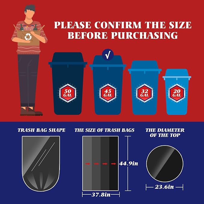 Teivio Large Black Trash Bags 40-45 Gallon 200 Counts Multipurpose Trash Bags3940424445 GalHeavy Duty Garbage BagsFor Industrial Commercial Construction Outdoor Lawn Leaf Can liners
