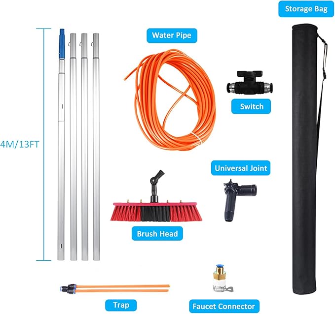 Telescopic Window Cleaning Pole Kit with Water Fed Brush Extendable Solar Panel Washing Equipment for Conservatory Roof Cleaning
