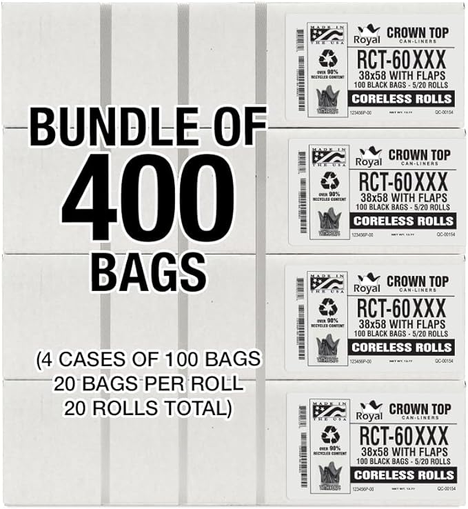 Aluf Plastics RCT-60XXX Star Sealed Coreless Rolls with E-Z Tie Flap Closure 60 gal Polyethylene 38 x 58 Black (Pack of 400)