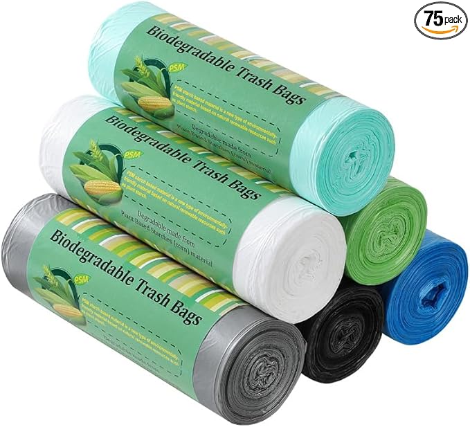 13 Gallon Biodegradable Trash Bags - 60x80cm Cornstarch Garbage Bags Heavy Duty &amp Leak-Proof Eco-Friendly Cleanup Bags for Kitchen Office Outdoor (5-Pack / 75 Counts Total)