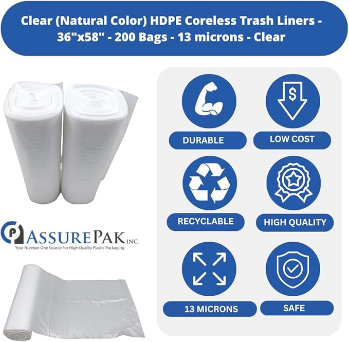 ASSUREPAK Clear (Natural Color) HDPE Coreless Trash Liners - 36x58 - 200 Bags - 13 microns - Clear - TL365813MWF - AssurePak