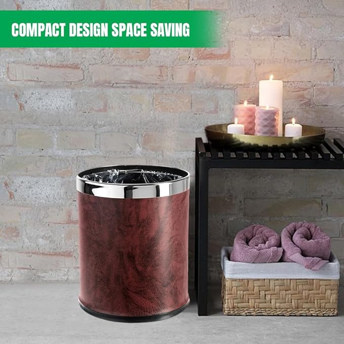 'Invisi-Overlap' Open top Leatherette Trash Can Small Office Wastebasket Modern Home Décor Round Shape (Burgundy)